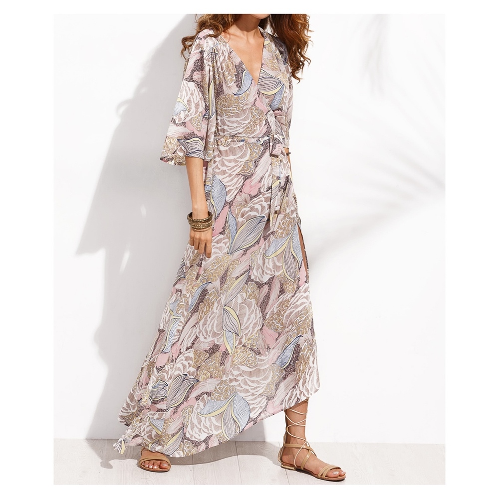 Multicolor Floral 3/4 Sleeve Wrap Maxi Dress - Picture 2 of 8